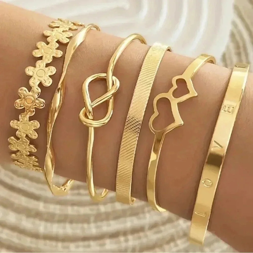 6 pcs set punk exaggerated letter love flower ring cuff bangle bracelet